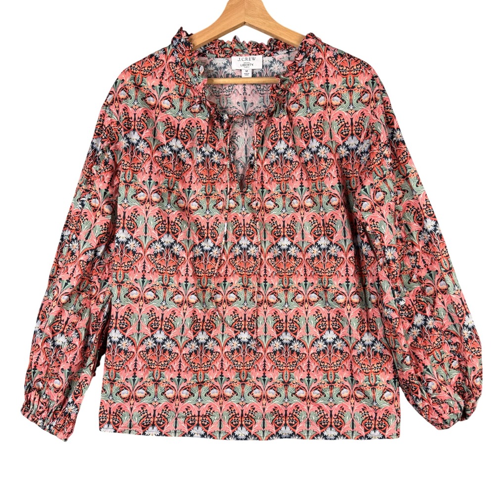 J.Crew Liberty Lodden Print Ruffle Trim Cotton Blouse BD779 Pink Green Size M
